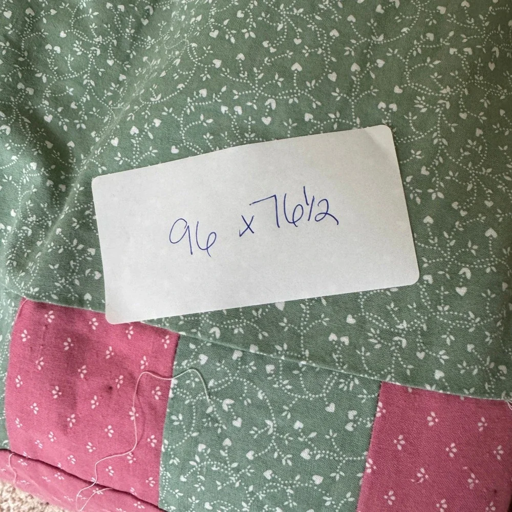 Handmade Heart Patchwork Quilt Sage Green Pink Floral 96x76.5 Unfinished